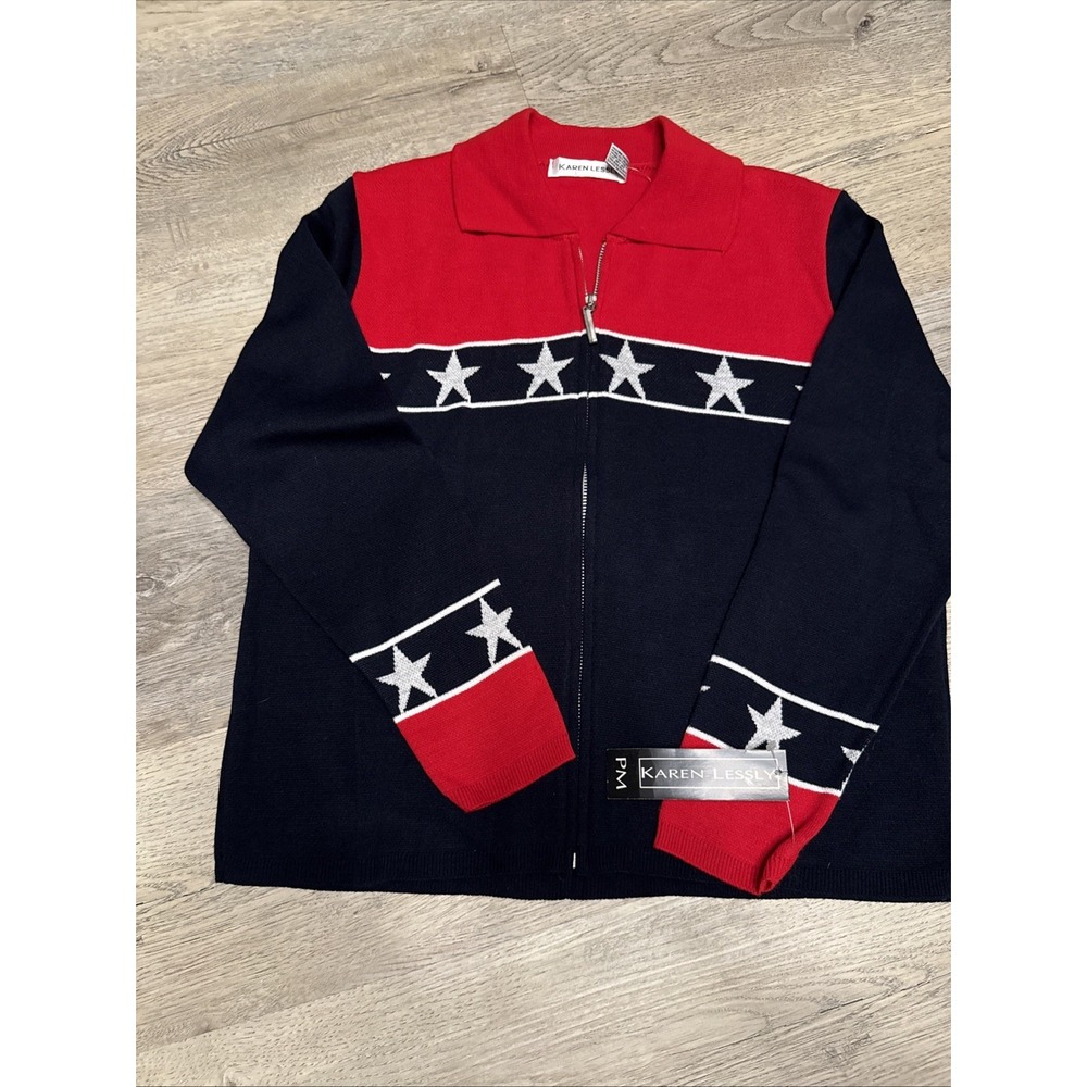 VTG Karen Lessly Patriotic Stars Cardigan Sweater PM Petite Med‎ NWT Made In USA